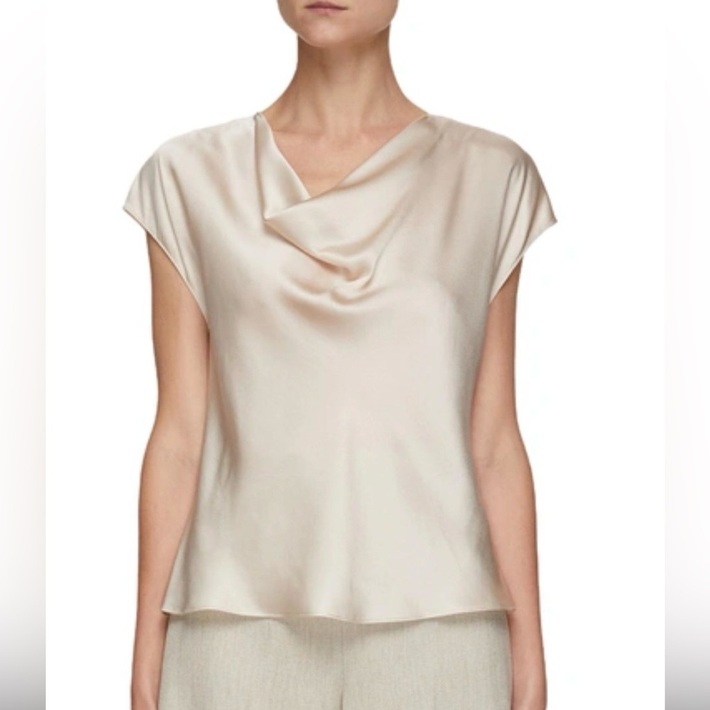 Silky Cream Draped Cowl Neck Cap-Sleeve Top